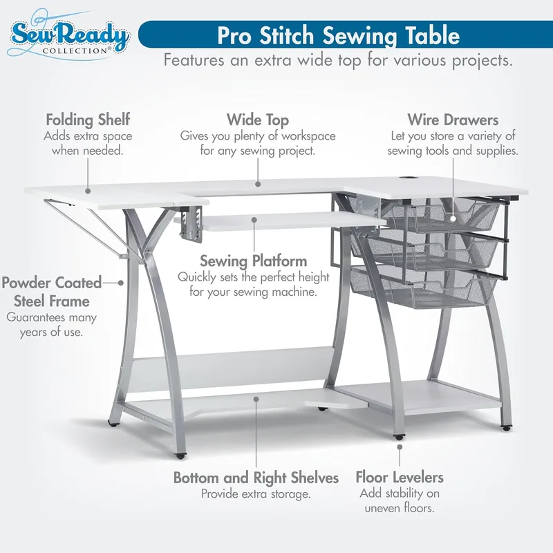 Sew Ready White Hobby and Sewing Machine Table with Storage Shelf